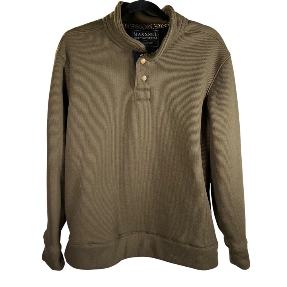 Maxxsel Mens Olive Green Pullover Mock Neck Button Up Thermal‎ Sweater Medium